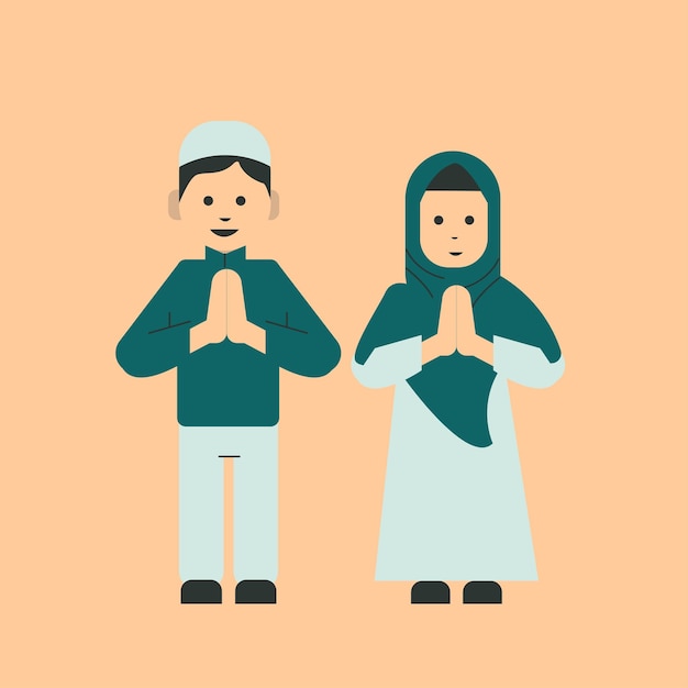 Islamska koncepcja powitania z postacią ludzi na stronie docelowej szablon transparent prezentacji mediów społecznościowych i drukowanych islamski eid fitr lub adha i ramadan płaska konstrukcja ilustracji wektorowych