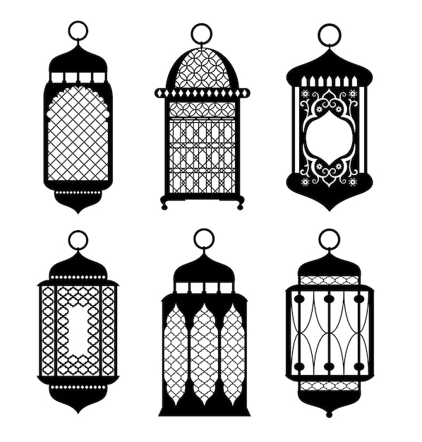 Islamska latarnia sylwetka płaski zestaw Czarne latarnie Ramadan Arabskie lampy sylwetki vintage egipskie