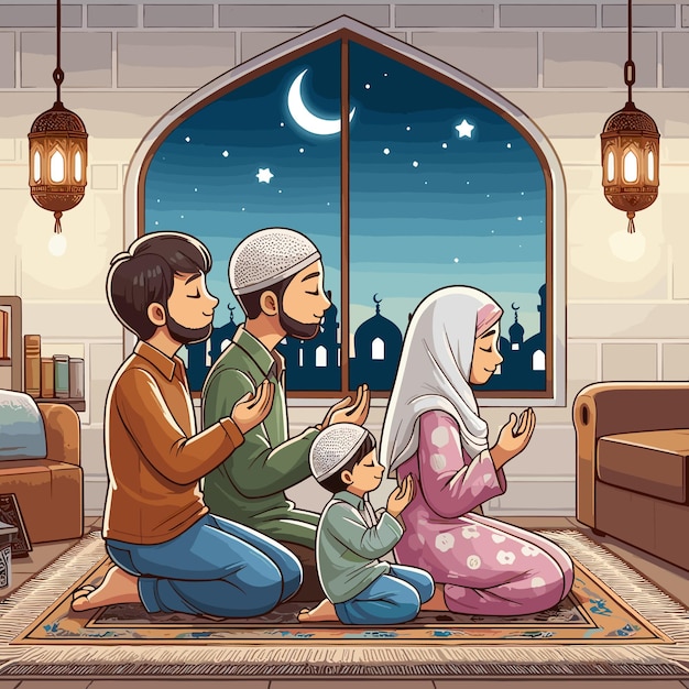 Islamska rodzina z kreskówek modli się razem