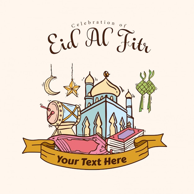 Islamski Doodle Art Banner Dla Eid Al Fitr