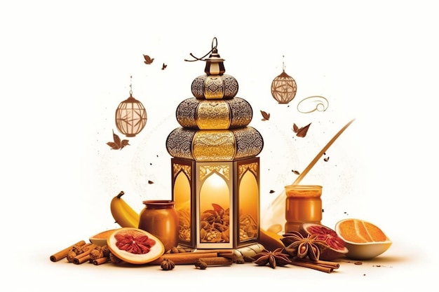 Islamski Eid ładny Latarnia I Przyprawy I Półksiężyc I Wektor Ilustracja Białe Tło