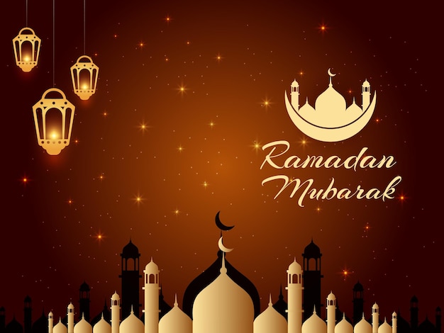 Islamski Festiwal Ramadan Mubarak Arabski Złoty Pozdrowienie Tło Z Wiszącymi Jasnymi Lampami