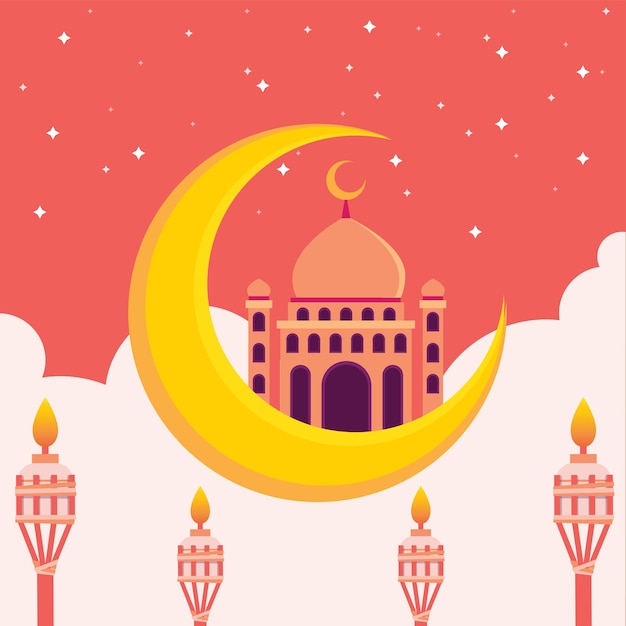 Islamski Meczet Z Półksiężycem I Niebem Pełnym Gwiazd Płaska Ilustracja Hari Raya Aidilfitri