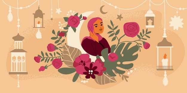 Islamski Obraz Boho Z Muzułmańską Kobietą I Tradycyjnymi Symbolami Ilustracji Wektorowych Płaski