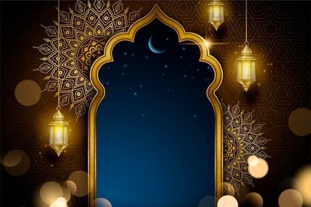 Islamski projekt kartki z życzeniami ze złotym łukiem i wiszącymi lampionami, błyszczącym arabeskowym tłem