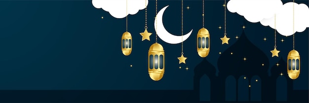 Islamski Ramadan Kareem Transparent Tło Z Wzorem Półksiężyca Gwiazda Meczetu Latarnia Ilustracja Wektorowa Ramadhan Latarnia Ciemnoniebieski Złoty Kolorowy Szeroki Transparent Tło Wzór