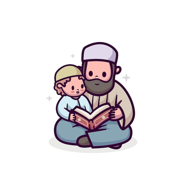 Islamski Ramadhan Wektor Ilustracja Projekt Ojca I Małego Chłopca Czytającego Koran Alquran