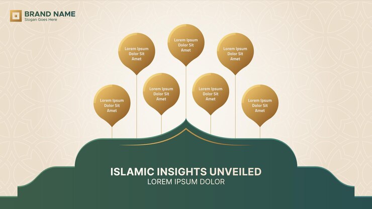 Islamski szablon projektowania infograficznego z arabskimi elementami projektowania i 7 opcjami punktów danych