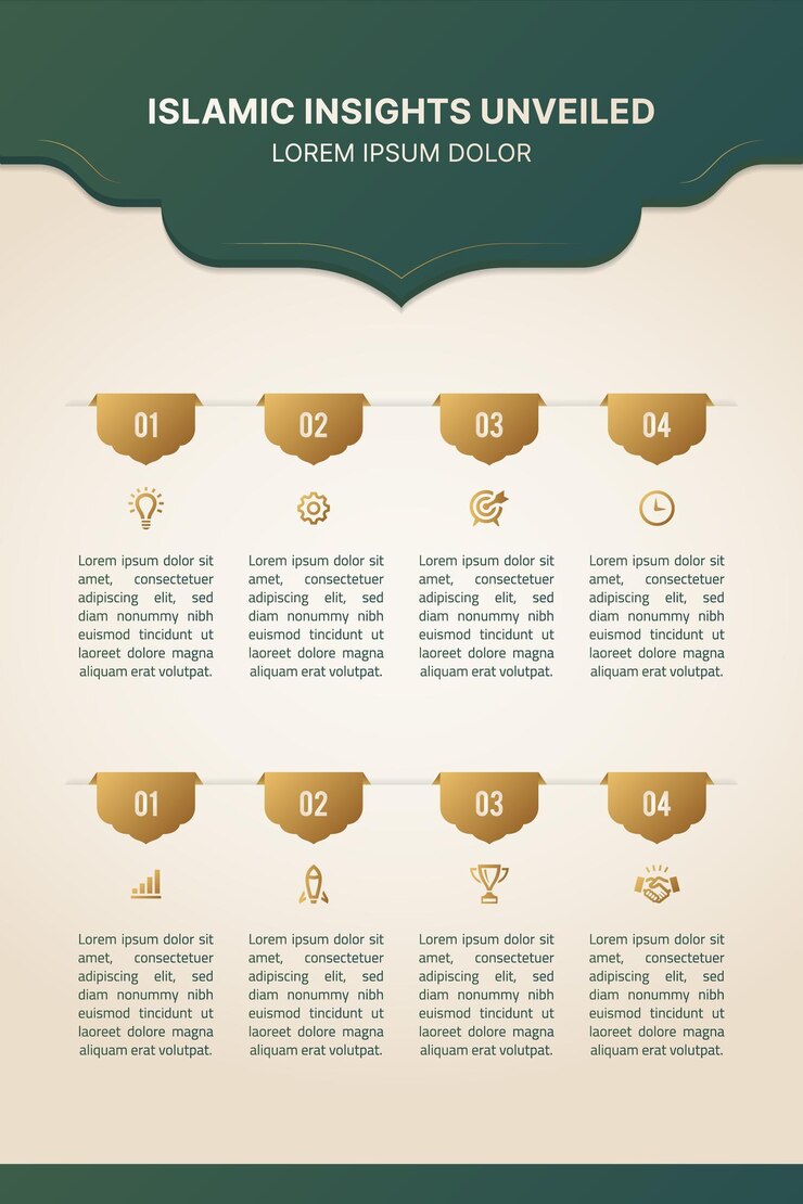 Islamski szablon projektowania infograficznego z arabskimi elementami projektowania i 8 opcjami punktów danych