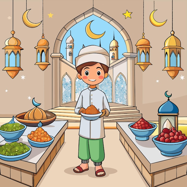 Islamskie święto Ramadanu Impreza Iftar Ręcznie Narysowana Maskotka Postać Kreskówkowa Naklejka Ikonka Koncepcja