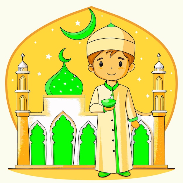 Plik wektorowy islamskie święto ramadanu impreza iftar ręcznie narysowana maskotka postać kreskówkowa naklejka ikonka koncepcja