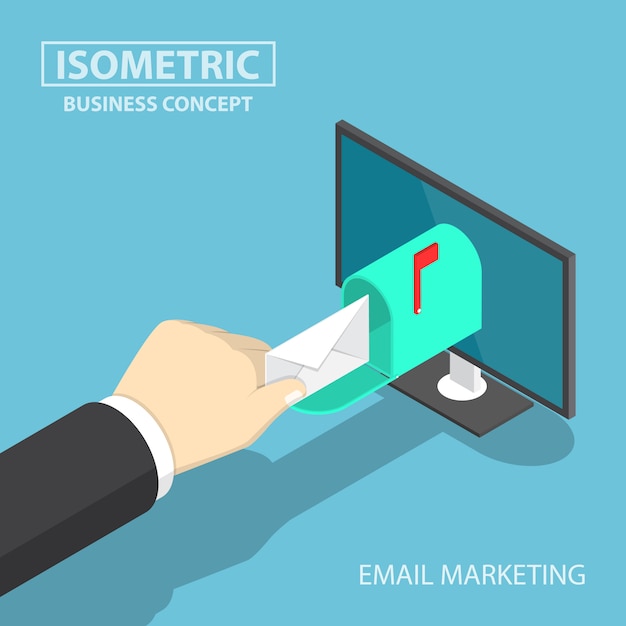 Isometric Biznesmen Ręka Dostaje Dostawę Poczta Od Monitoru