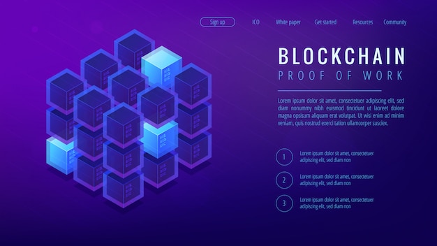 Isometric Blockchain Dowód Pracy Koncepcja Strony Docelowej.