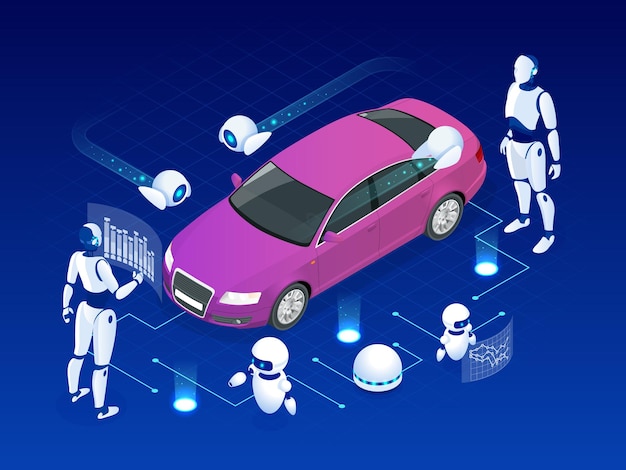 Isometric Cybernetic Robots współpracuje z wirtualnym interfejsem w rozszerzonej rzeczywistości Wirtualne komputerowe opracowanie modelu samochodu z wykorzystaniem sztucznej inteligencji Koncepcja przyszłości