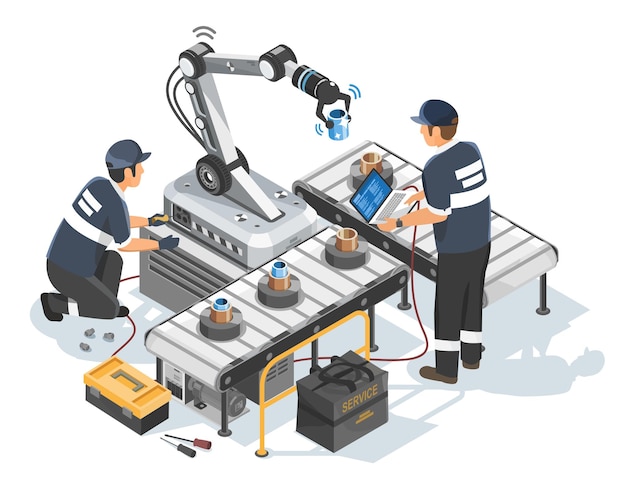 Isometric Isolated Illustration of Engineers Calibrating and Configuring an Industrial Robotic Arm