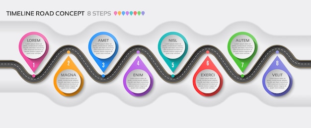 Isometryczna Mapa Nawigacyjna Infografika 8 Kroków Koncepcja Linii Czasowej Kręta Droga