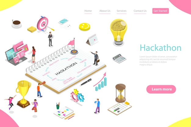 Isometryczny szablon strony docelowej wektora płaskiego części hackathonu, które są strategią kreatywności