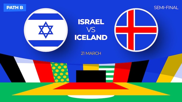 Israel vs Islandia mecz piłki nożnej 2024 Mecz mistrzostw w rozgrywkach play-off w porównaniu z drużynami intro sport tło mistrzostwa konkurs finał plakat ilustracja wektorowa w stylu płaskim