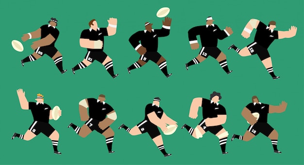Plik wektorowy izolowana grupa 10 graczy rugby biegających i grających na różnych pozycjach w grze. mają na sobie czarne koszulki i szorty jak reprezentacja nowej zelandii. ilustracja wektorowa edycji