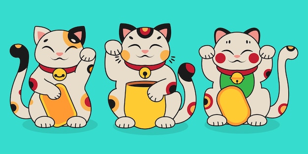Izolowana ilustracja Maneki Neko Trzy różne postacie azjatyckich szczęśliwych kotów Japońska kultura Klipart kreskówki Ilustracja wektorowa