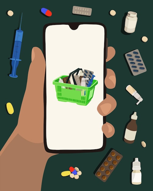 Izolowana ilustracja wektora zakupów w aptece online Pigułki i leki w koszyku