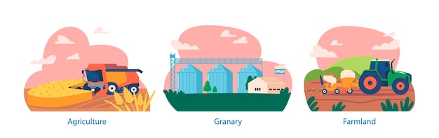 Izolowane Elementy Z Etapami Uprawy, Sadzenia, Zbioru I Przechowywania W Spichlerzu Ilustracji Procesu Użytków Rolnych