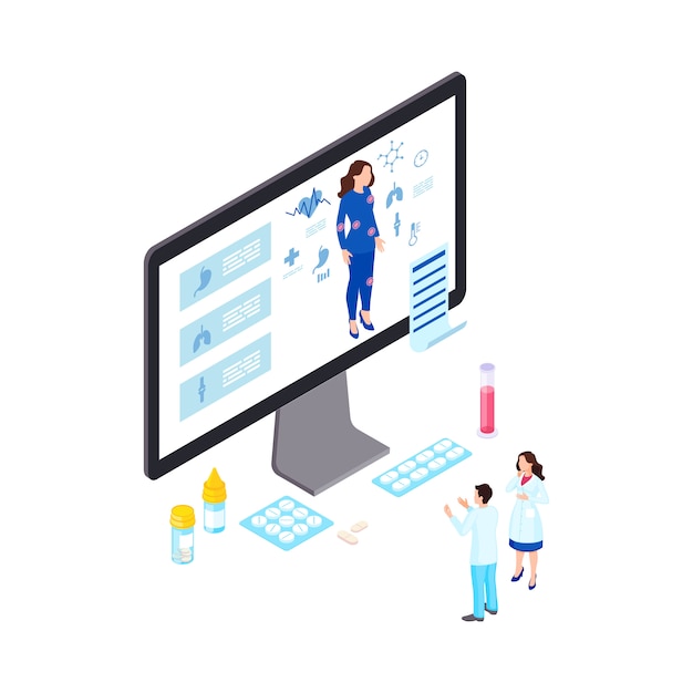 Izometryczna ilustracja diagnostyki zdrowia online. Technologia telemedyczna do identyfikacji chorób, chorób. Lekarze z kreskówek badający online narządy wewnętrzne pacjenta, przepisujący leki, pigułki