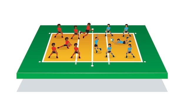 Plik wektorowy izometryczna ilustracja dla ludzi atakujących piłkę do siatkówki na boisku do siatkówki 3d