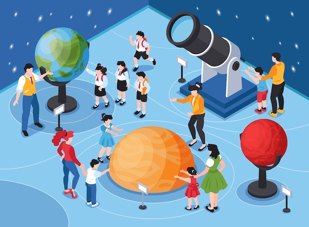 Izometryczna Ilustracja Planetarium Z Dorosłymi Dziećmi I Gwiaździstym Niebem Z Globusami I Teleskopem