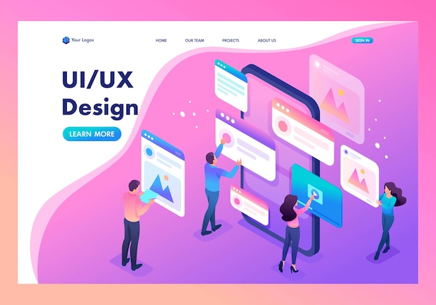 Izometryczna jasna koncepcja proces tworzenia strony docelowej projektu aplikacji UI UX Template