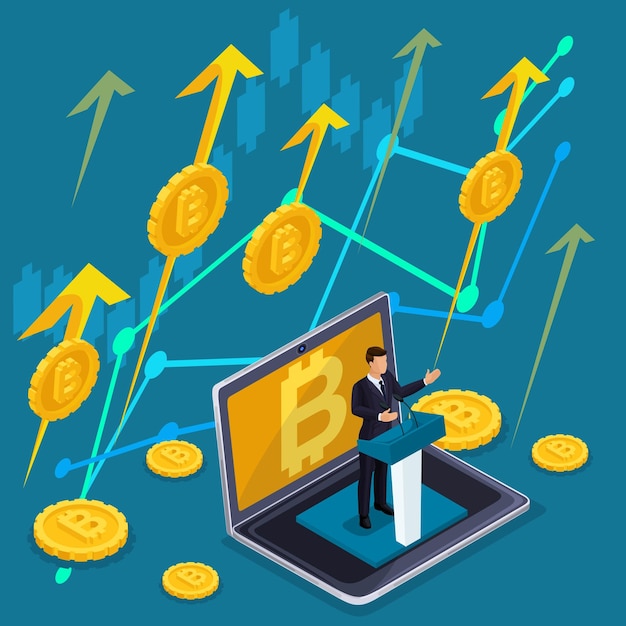 Plik wektorowy izometryczna koncepcja biznesowa kryptowaluta bitcoin rośnie w zapasach i inwestycjach