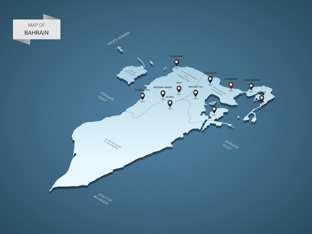 Izometryczna Mapa 3d Bahrajnu Z Miastami, Granicami, Stolicą, Podziałami Administracyjnymi I Znakami Wskaźnika