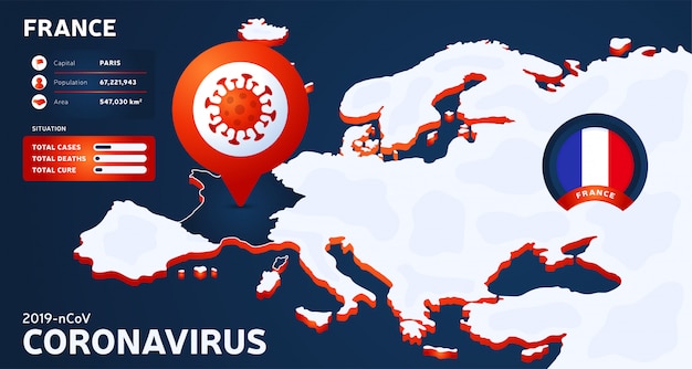 Izometryczna Mapa Europy Z Wyróżnioną Ilustracją Kraju Francja. Statystyki Koronawirusa. Niebezpieczny Chiński Wirus Koronowy Ncov. Infografika I Informacje O Kraju.