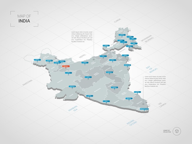 Izometryczna mapa Indii. Stylizowana ilustracja mapy z miastami, granicami, stolicą, podziałami administracyjnymi i znakami wskaźnika; gradientowe tło z siatką.