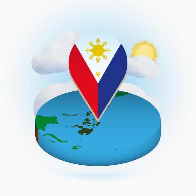 Plik wektorowy izometryczna okrągła mapa filipin i znacznik punktowy z flagą filipin chmury i słońce na tle
