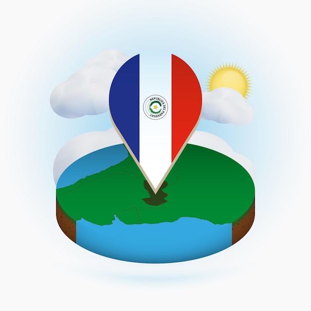 Izometryczna Okrągła Mapa Paragwaju I Znacznik Punktowy Z Flagą Paragwaju Chmura I Słońce Na Tle
