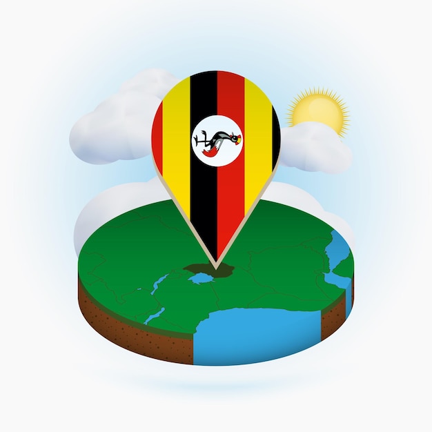Izometryczna Okrągła Mapa Ugandy I Znacznik Punktowy Z Flagą Ugandy Chmura I Słońce Na Tle