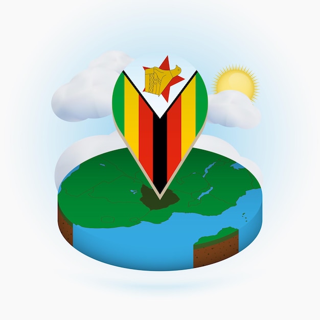 Plik wektorowy izometryczna okrągła mapa zimbabwe i znacznik punktowy z flagą zimbabwe chmura i słońce w tle