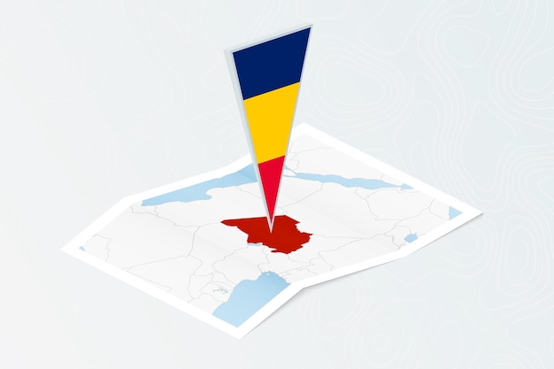 Plik wektorowy izometryczna papierowa mapa czadu z trójkątną flagą czadu w stylu izometrycznym mapa na tle topograficznym