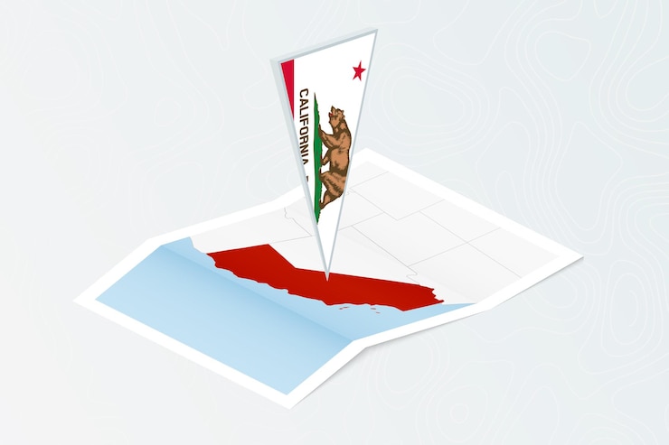 Wektor izometryczna papierowa mapa kalifornii z trójkątną flagą kalifornii w stylu izometrycznym mapa na tle topograficznym