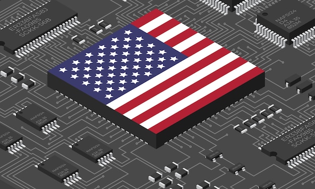 Izometryczna płytka elektroniczna z flagą USA Izometryczna płytka drukowana z komponentami elektronicznymi Komponenty elektroniczne i płytka zintegrowanych obwodów