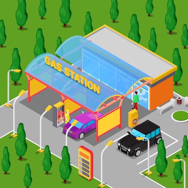 Izometryczna Stacja Benzynowa Z Samochodami, Serwisantem I Kierowcą