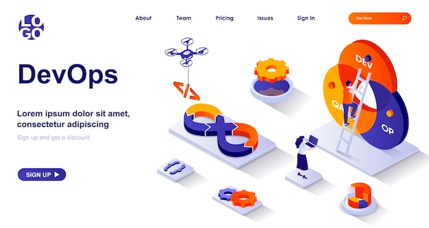 Izometryczna strona docelowa DevOps 3d z postaciami ludzi