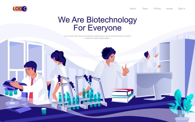 Izometryczna strona docelowa koncepcji biotechnologii Osoby pracujące z mikroskopami i prowadzące badania
