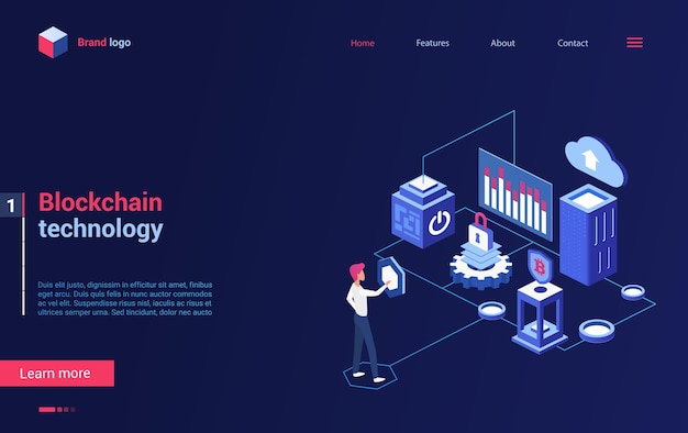 Izometryczna strona docelowa technologii kryptograficznej Blockchain, analiza kryptowalut bitcoin