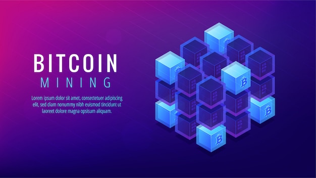 Izometryczne bitcoin wydobycie koncepcja lądowania farmy.