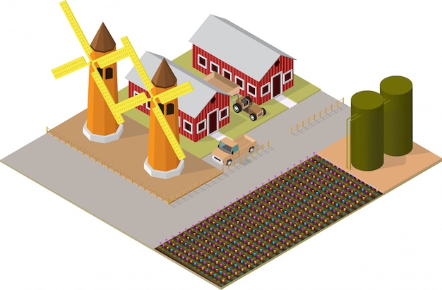 Plik wektorowy izometryczne budynki rolnicze z ogrodami kwiatowymi, wiatrak