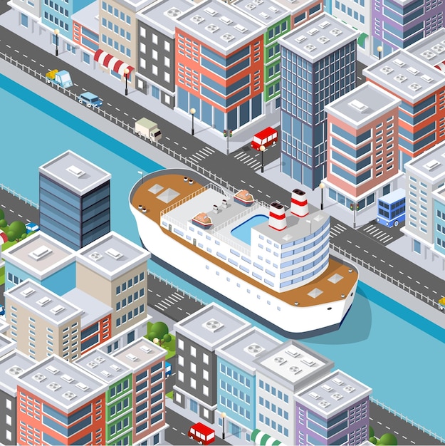 Izometryczne ilustracja 3D Miasto z nabrzeżem rzeki