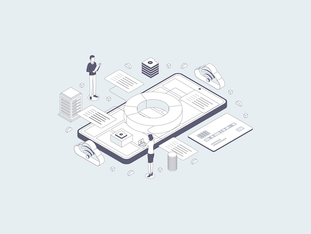 Izometryczne Ilustracja Zarządzania Rachunkowością Linear Grey. Nadaje Się Do Aplikacji Mobilnych, Stron Internetowych, Banerów, Diagramów, Infografik I Innych Zasobów Graficznych.