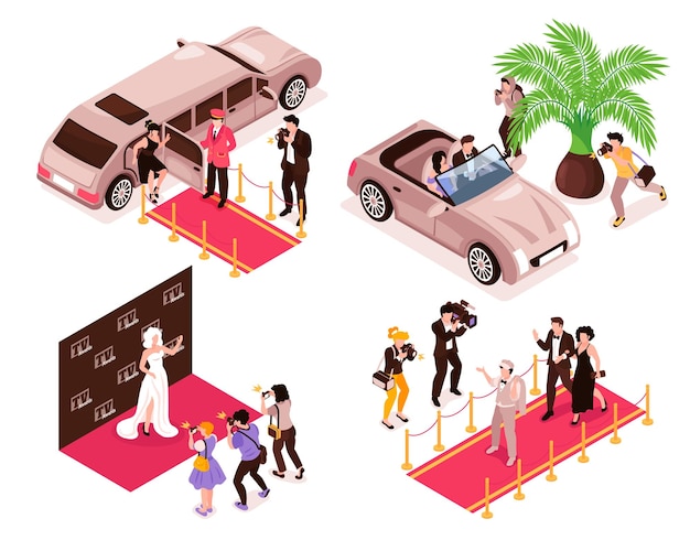 Izometryczne kompozycje celebrytów z luksusowymi samochodami na czerwonym dywanie i paparazzi fotografami robiącymi zdjęcia gwiazd ilustracji wektorowych